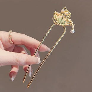 2025新中式蝴蝶发簪精致国风盘发簪子复古金色气质优雅U型发钗女