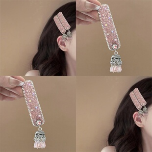 甜美粉水晶流苏发夹爆闪碎钻侧边发卡高级感前额刘海夹精致头饰女