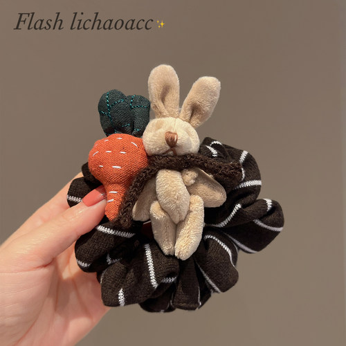 毛绒萝卜兔棕色针织布艺发圈秋冬新款可爱百搭肠圈发绳扎马尾头绳