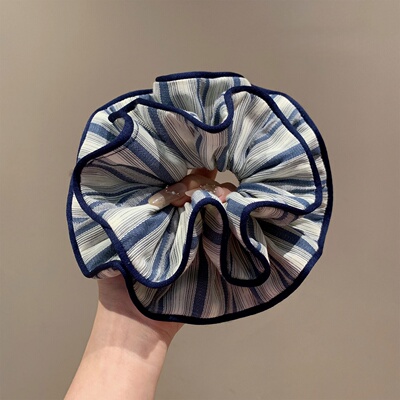 韩系藏青条纹包边双层大肠发圈女气质扎头发丸子头发绳低马尾头绳