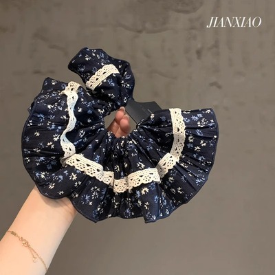 法式田园风文艺碎花气质褶皱肥肠圈精致蕾丝氛围感发圈扎马尾发绳