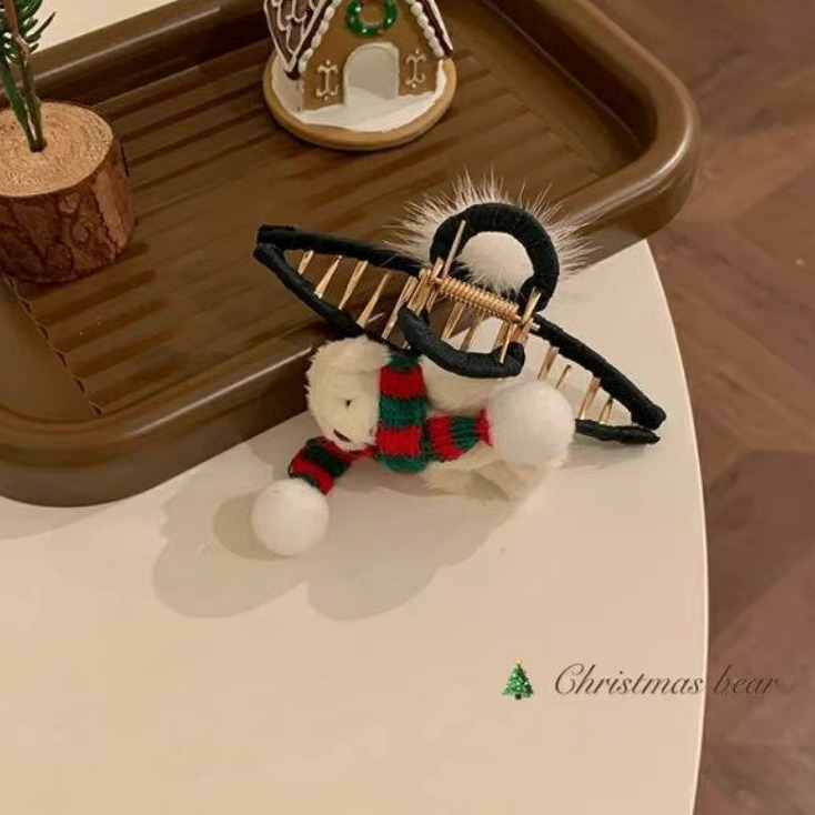 圣诞小熊抓夹发夹女2025年新款鲨鱼夹盘发后脑勺可爱毛绒发饰头饰