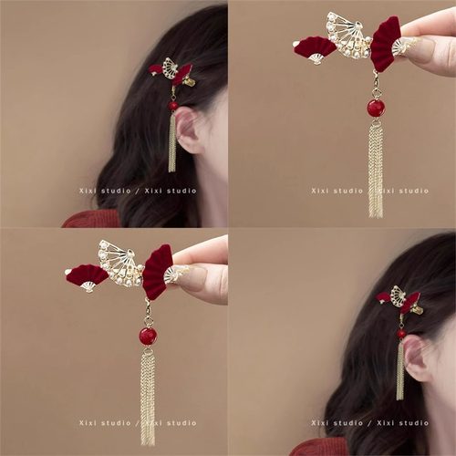 复古植绒红扇子发夹新中式流苏侧边刘海夹前额碎发卡国风新年发饰