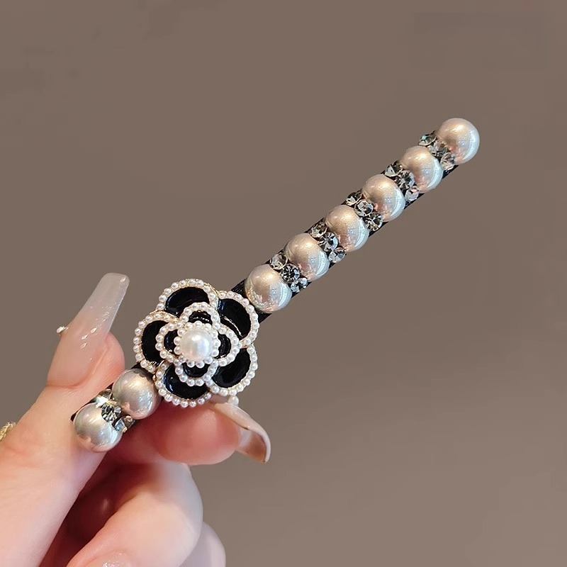 复古小香风高贵珍珠山茶花鸭嘴夹设计感气质侧边夹前额刘海碎发夹