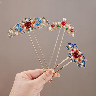 宫廷风古典合金发簪仿景泰蓝珍珠复古发钗后脑勺盘发气质古装头饰