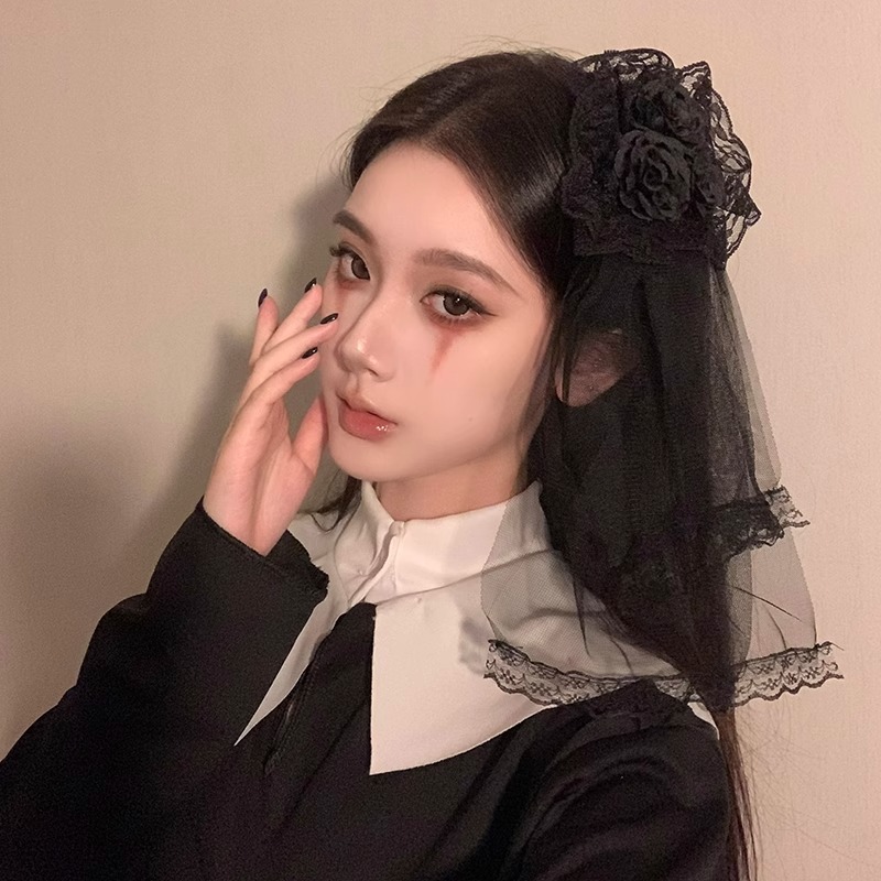 万圣Lolita头饰白色头纱女洛丽塔头纱玫瑰花发夹蕾丝边夹cos发饰