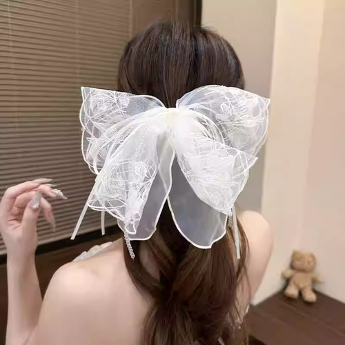 高级感刺绣蕾丝蝴蝶结马尾抓夹新款水晶盘发夹子轻奢后脑勺鲨鱼夹