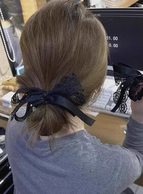 高级感复古黑色蕾丝飘带蝴蝶结大肠发圈扎头绳韩国同款丸子头发绳