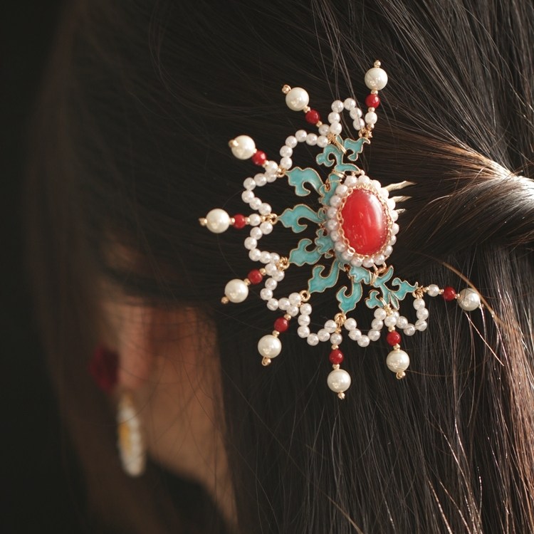 古风烧蓝串珠发钗高级感小众旗袍头饰女插梳汉服发饰