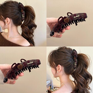 韩系学院纹格蝴蝶结发夹女款时尚高级感秋冬高马尾香蕉夹百搭发饰