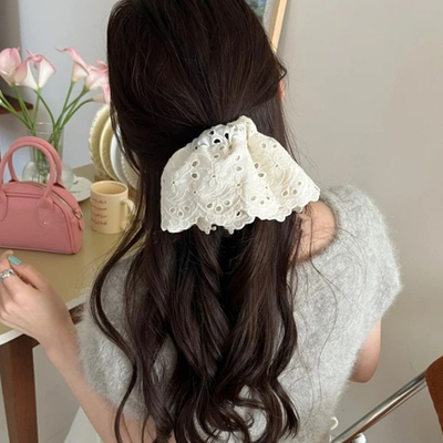 白色镂空蕾丝裙摆大肠发圈女韩系半扎发双层头花甜妹可爱半圆头绳