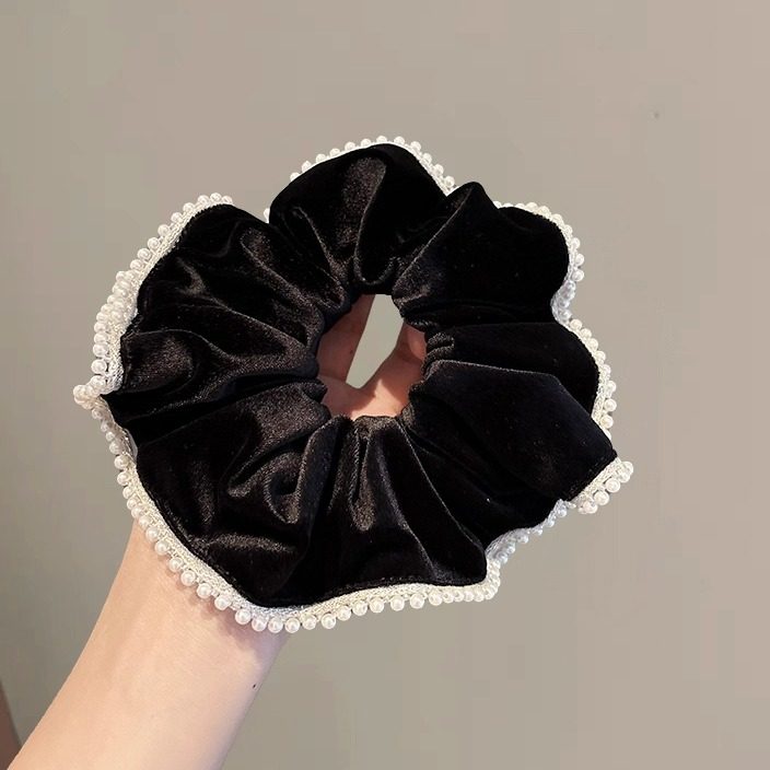 法式高级感珍珠丝绒黑色大肠圈温柔款气质扎马尾头绳高弹耐用发绳