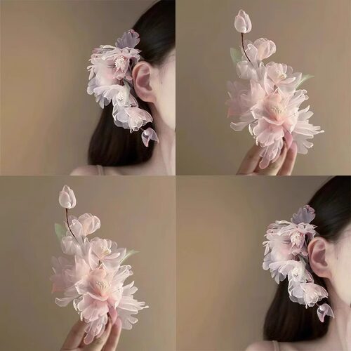 纯欲粉绢纱宫廷风汉服花朵发夹