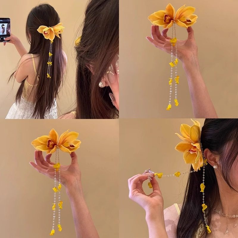 氛围感唯美黄色玉兰花朵发夹气质流苏头花发饰夹子度假风发饰