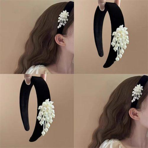 法式珍珠瀑布流苏发箍高级感丝绒宽边压发发卡高颅顶头箍气质发饰