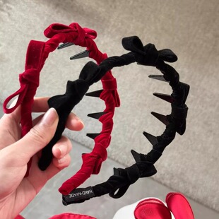 新年红丝绒蝴蝶结齿梳发箍女高颅顶气质头箍日常外戴压发头饰发卡