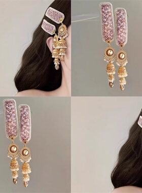 樱花粉民族风超闪水钻风铃流苏发夹精致复古侧边刘海边夹发饰发卡