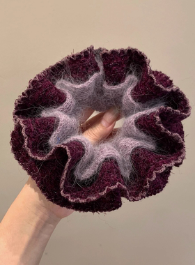 韩国暗紫色毛线针织双层大肠发圈女气质丸子头超大号头绳头饰秋冬