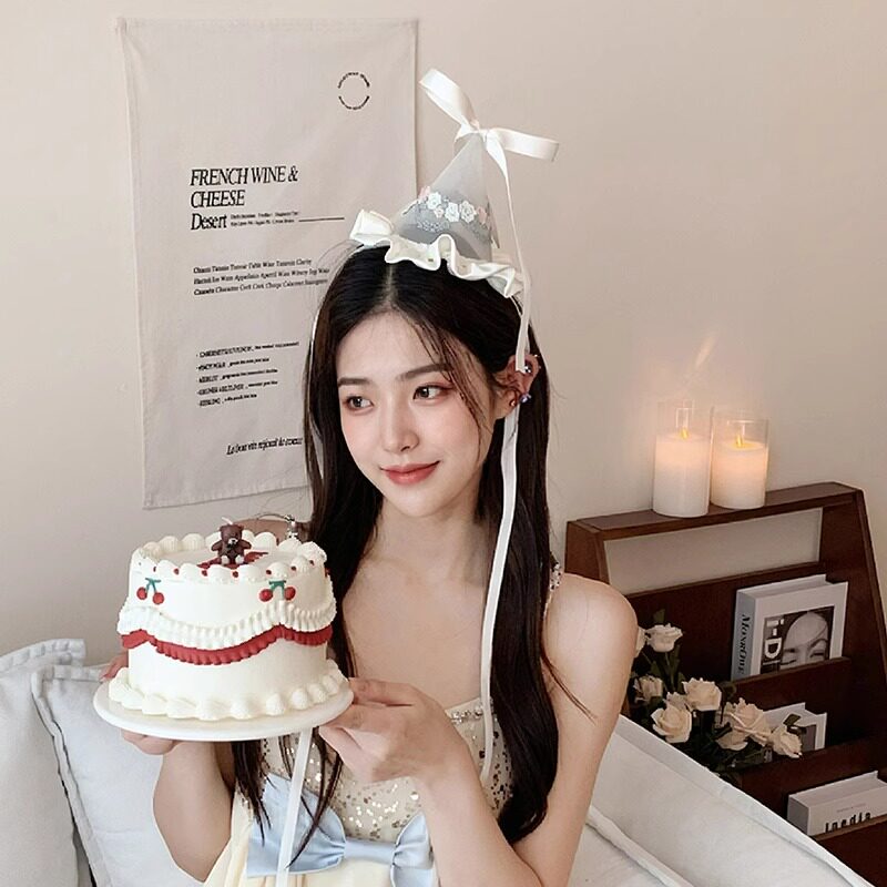 奶油生日头饰发卡法式复古刺绣生日帽发夹甜美蝴蝶结帽子发饰拍照