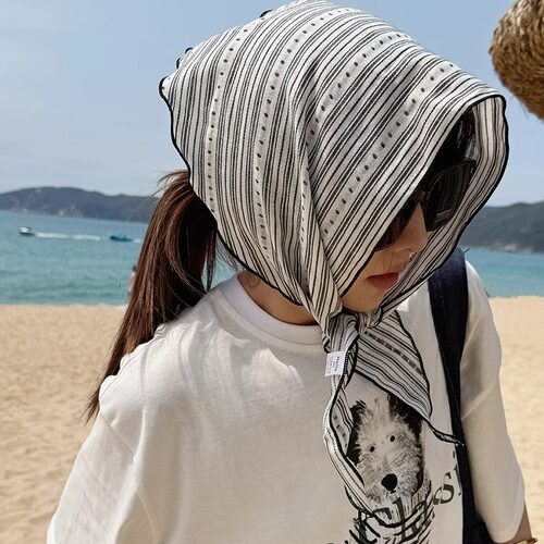 日系黑白条纹亚麻丝巾女2025新款小众高级感系脖领巾百搭围脖配饰