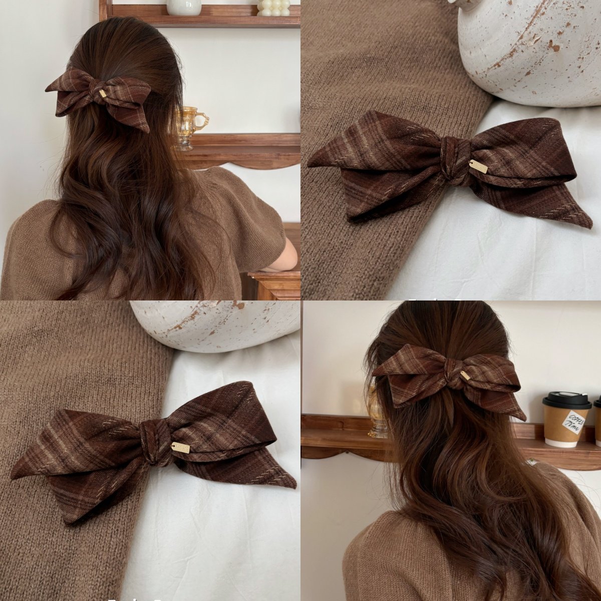 洋气复古格子毛呢蝴蝶结鸭嘴夹懒人夹后脑勺盘发夹减龄少女心发卡