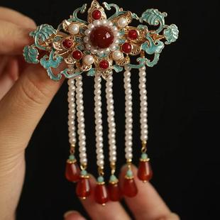 古风汉服头饰 复古宋制明制烧蓝后压簪 夹子新娘服饰红色压鬓复古