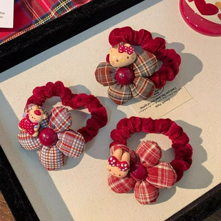 红色格纹花朵发圈儿童秋冬植绒扎发绳可爱卡通丸子头皮筋女童发饰