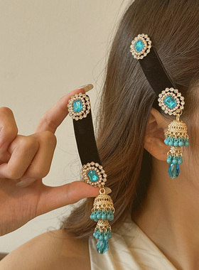 古典蓝色流苏发夹新中式半扎发夹子气质国风侧边夹发饰