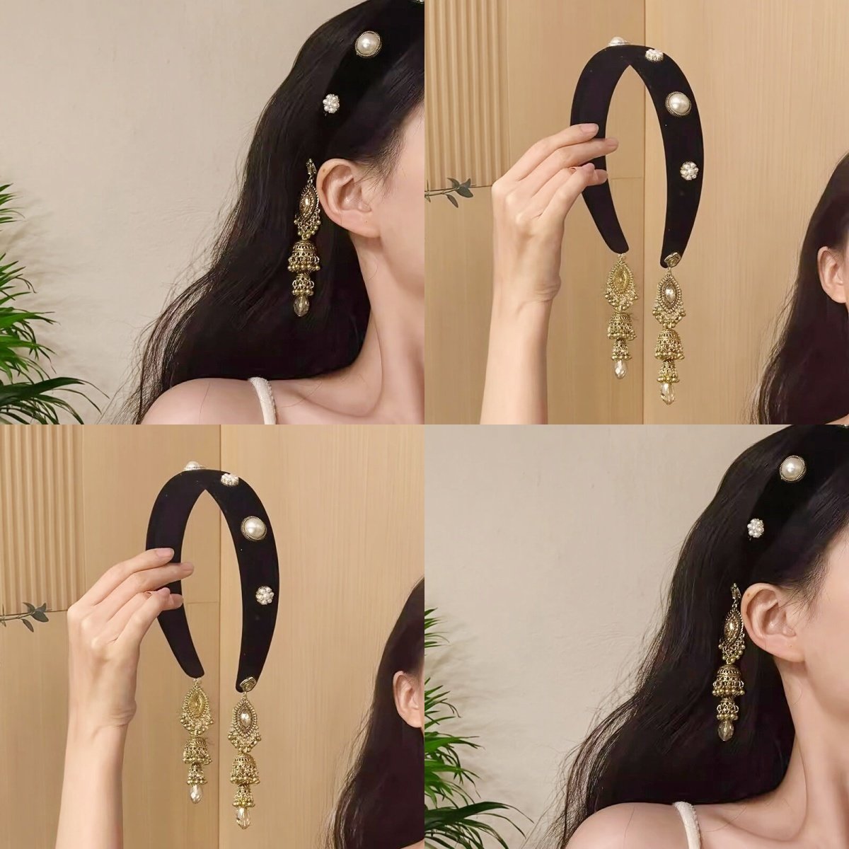 民族风复古黑色丝绒流苏珍珠发箍高颅顶头箍发卡发饰