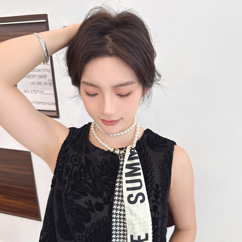 法式复古春夏珍珠项链丝巾女锁骨链丝带韩版装饰绑发带小领巾飘带