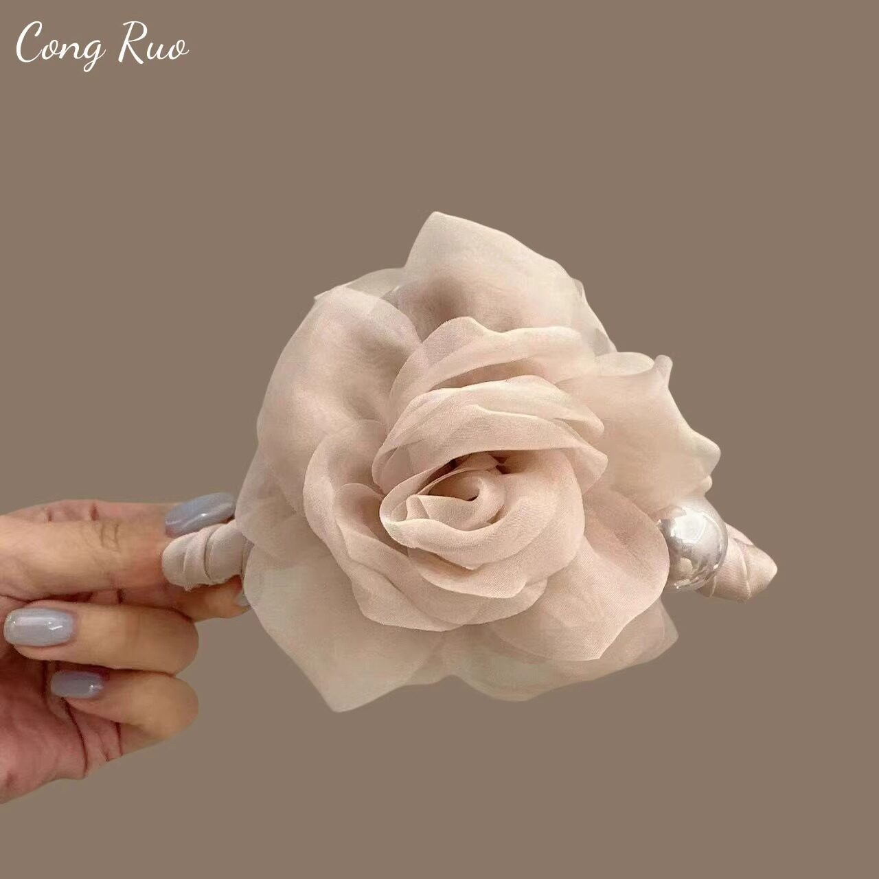 超仙珍珠纱纱花朵抓夹甜美百搭盘发鲨鱼夹发饰新款纱感玫瑰花发夹