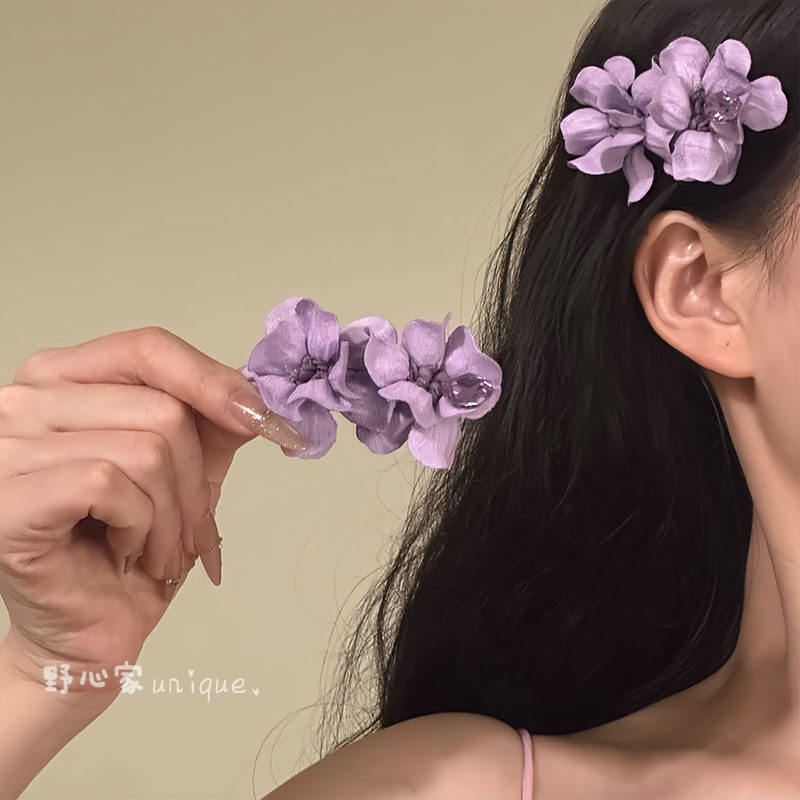 唯美气质紫色花朵发夹度假风拍照发卡夹子新中式侧边夹鸭嘴夹