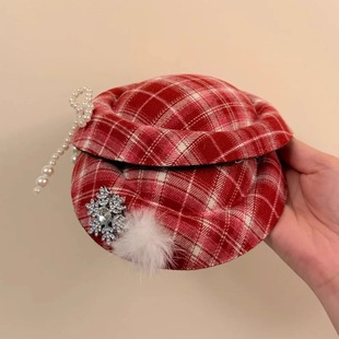 圣诞节红色格纹毛呢小礼帽发夹甜美学院风圣诞节装扮拍照道具头饰