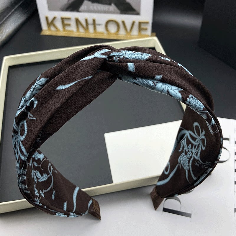 Kenlove欧美风布艺印花发卡发箍女咖色新款百搭宽边压发洗脸头箍