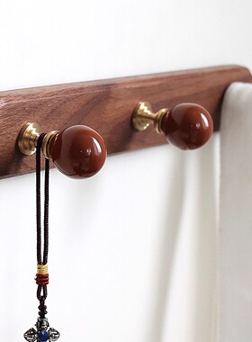 胡桃木实木挂钩黄铜挂衣钩入户门玄关装饰挂钩壁挂打孔法式中古风