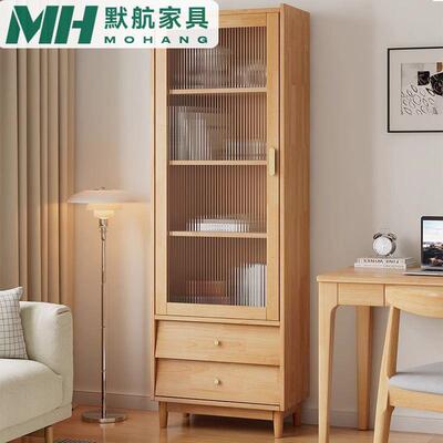 北欧实木书柜带玻璃门书橱简约现代储物柜客厅展示柜沙发边柜默航