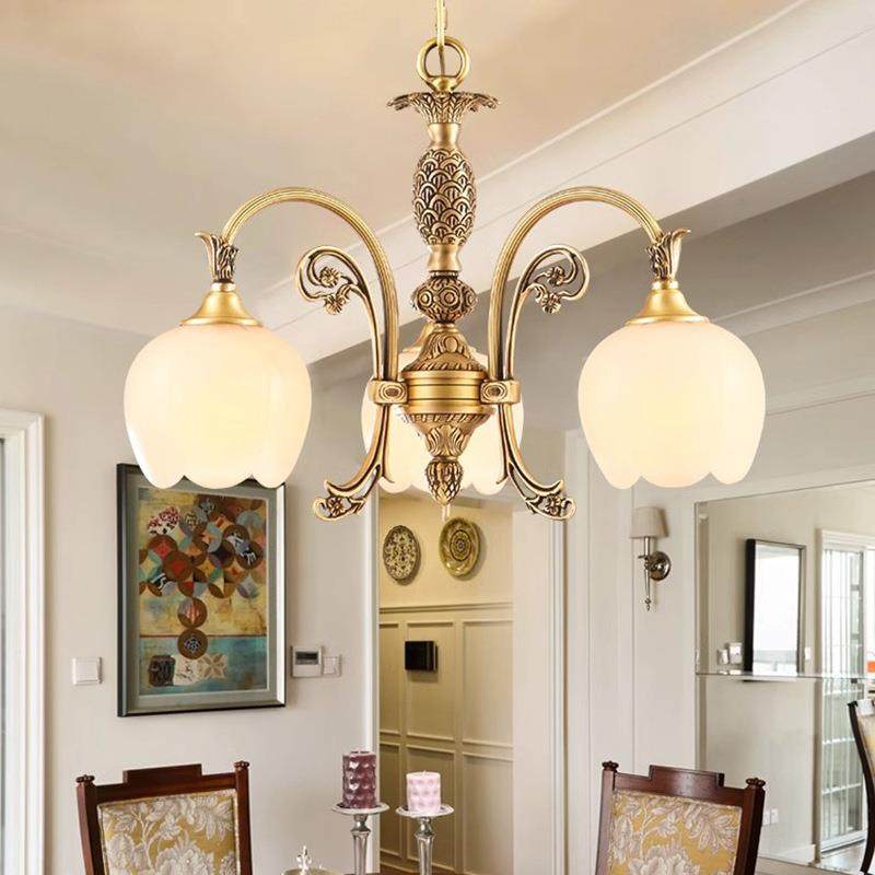 餐厅吊灯高端欧式卧室书房2024年新款三头圆形纯全铜美式云石灯具