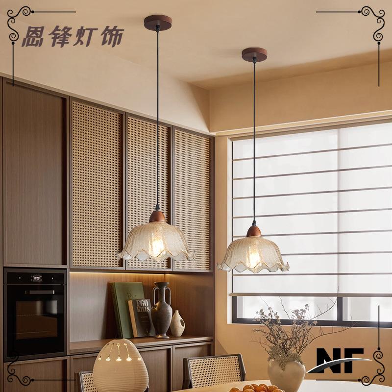 中古餐厅灯复古法式浪漫餐桌吧台小吊灯美式胡桃木冰裂纹饭厅灯