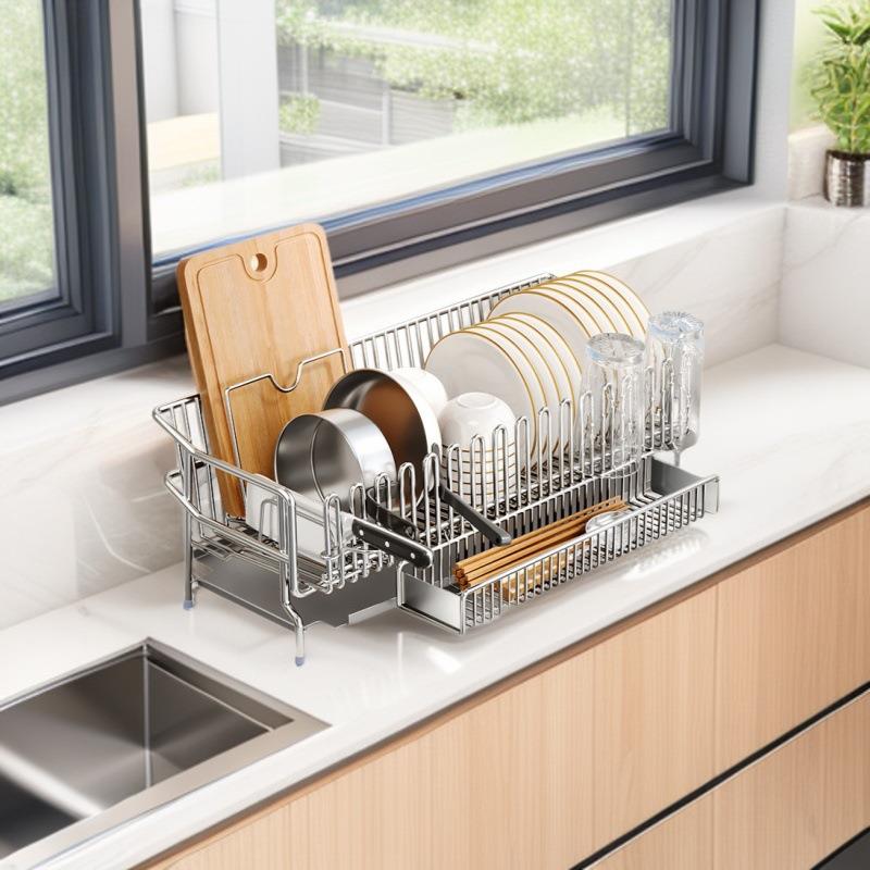 304不锈钢厨房水槽沥水架可伸缩碗筷餐具置物架多功能厨房收纳架