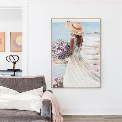 海边气质美女手绘玄关人物油画样板间高端装饰画外贸出口独特挂画