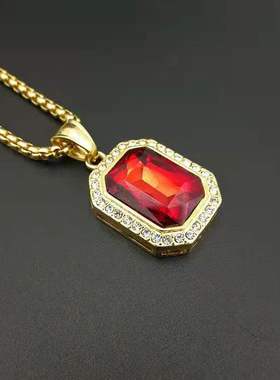 极速MM时尚潮流钛钢项链男女情侣镶钻I长方形宝石绿红兰白黑色金