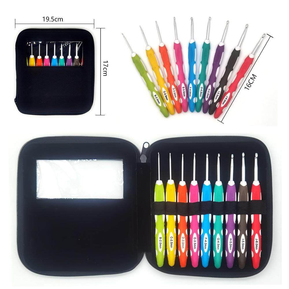 编织工具毛衣针新出硅胶双色塑料手柄铝钩针一套9只吸塑包装