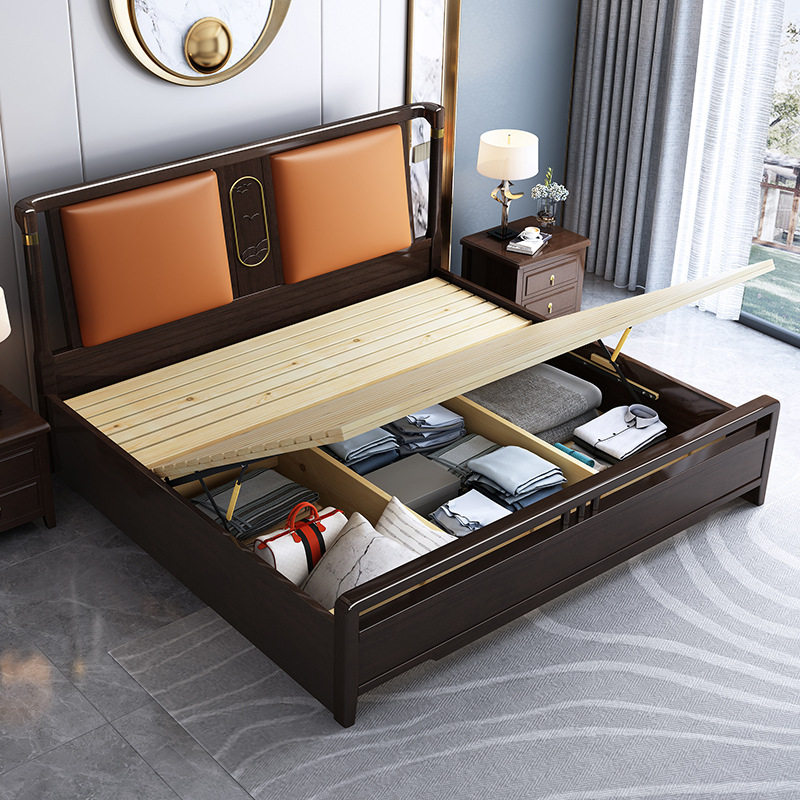 极速新中式全实木床1.p8米双人主卧大床婚床现代简约1.5m收纳床紫