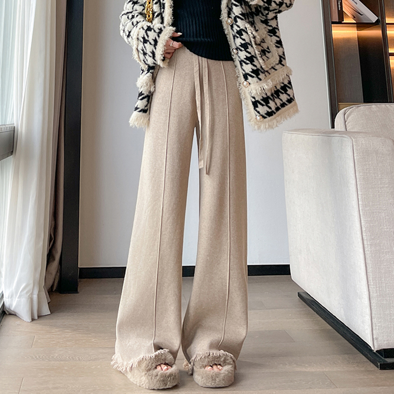 极速加绒软糯流苏针织休闲裤子女秋冬季2024P新款高腰垂感显瘦拖