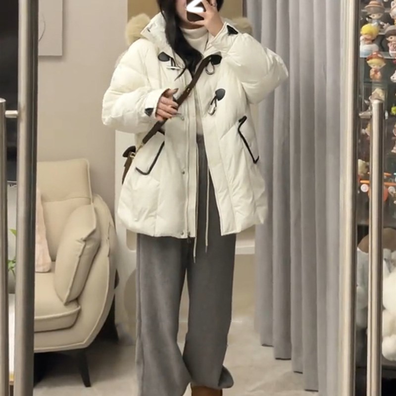 极速大码设计感宽松中长款羽绒服女秋冬款胖mm大毛领W连帽棉服外