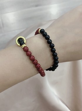 极速原矿朱砂g搭配黑檀木两圈女款女款手链 大气黑红拼色手串 小