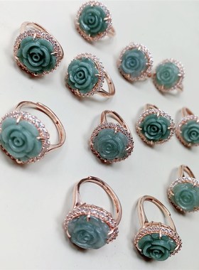 极速天然A货i翡翠蓝水玫瑰花戒指 女款翡翠戒指 小众饰品