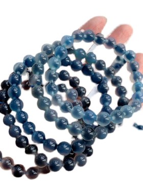 极速天然蓝糖心玛瑙圆珠女款手链 女款水I晶手串 雾霾蓝黑色蓝沁