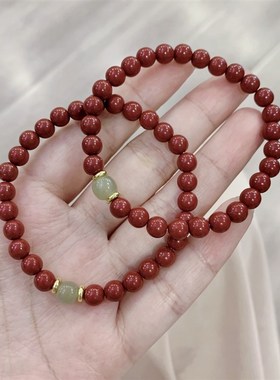 极速原矿朱砂搭配i天然和田玉单圈女款手链 女款6mm酒红色手串 小