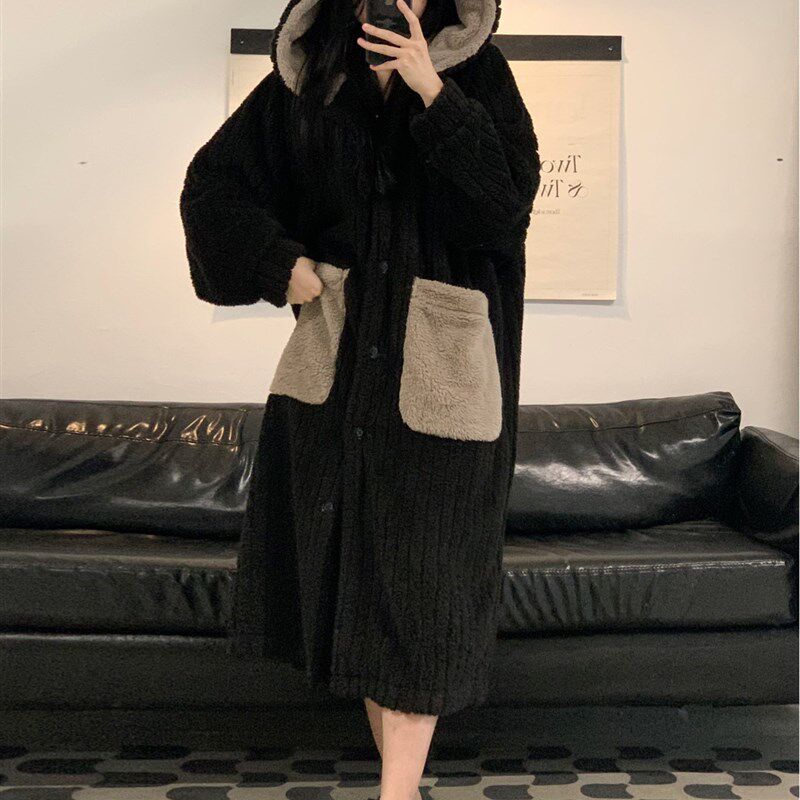 新品大码连帽珊瑚绒睡衣冬季女款睡袍秋冬2025R新款冬天加绒加厚